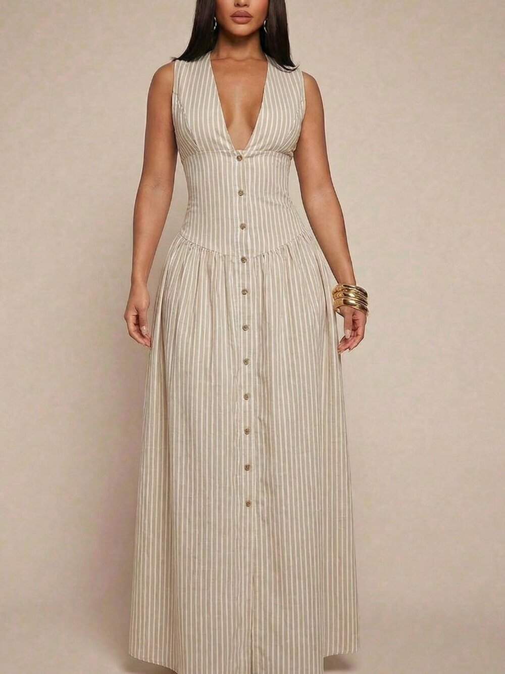 Casual Women's V-Neck Sleeveless Stripe Cinched Waist Long Dress - Picture 7 of 7